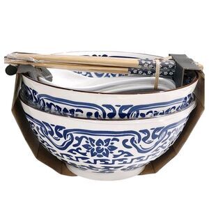 SH Home Set of 2 Blue Asian Ceramic Ramen Bowl With 4 Chopstick And 2 Spoon 54oz